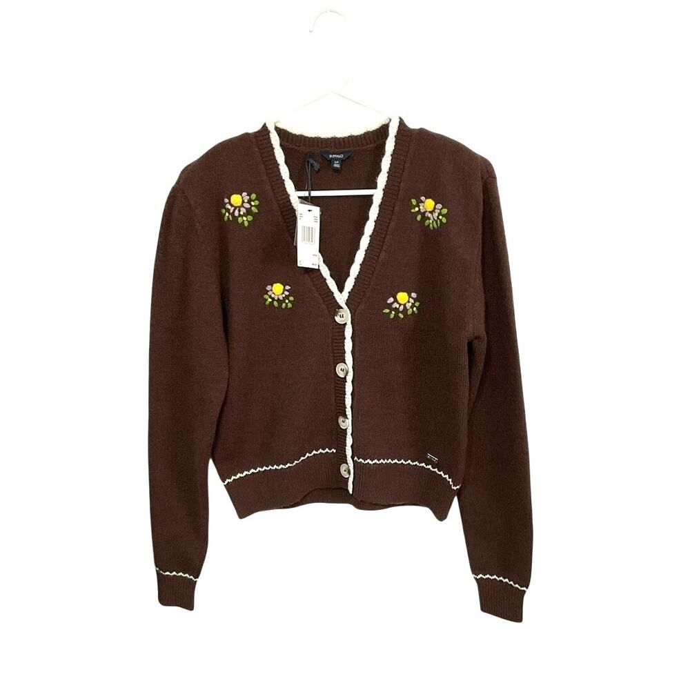 NWT Buffalo David Bitton Brown Scallop-Trim Cardigan Floral Embroidery Sz Small